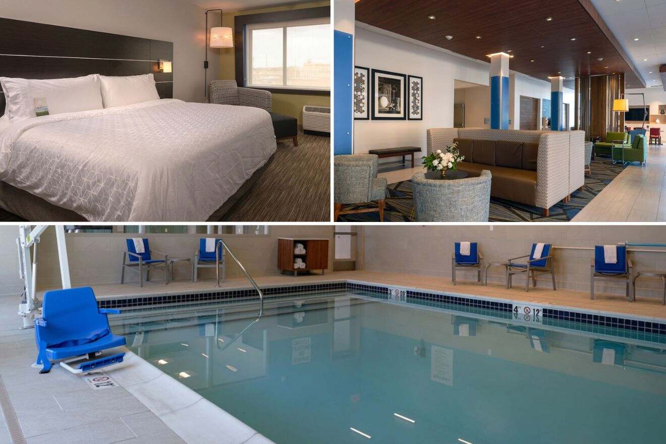 A collage of three photos: bedroom, lounge area, and indoor pool
