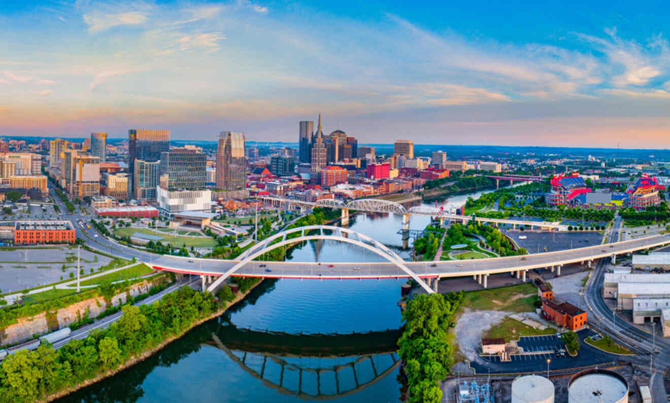Aerial view of Nashville and the Cumberland River