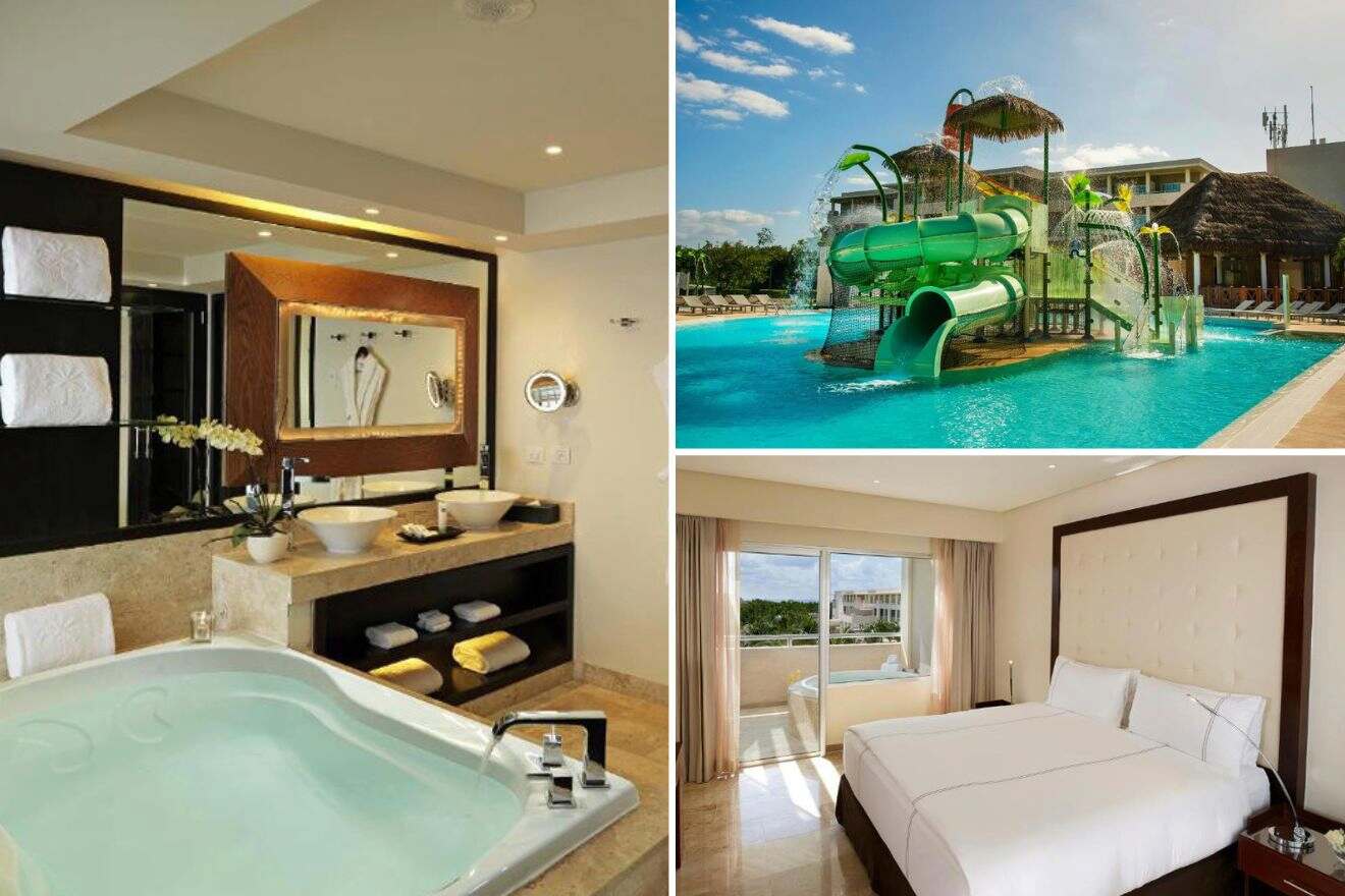 Collage of three hotel pictures: bathroom with jacuzzi, waterpark slides, and bedroom