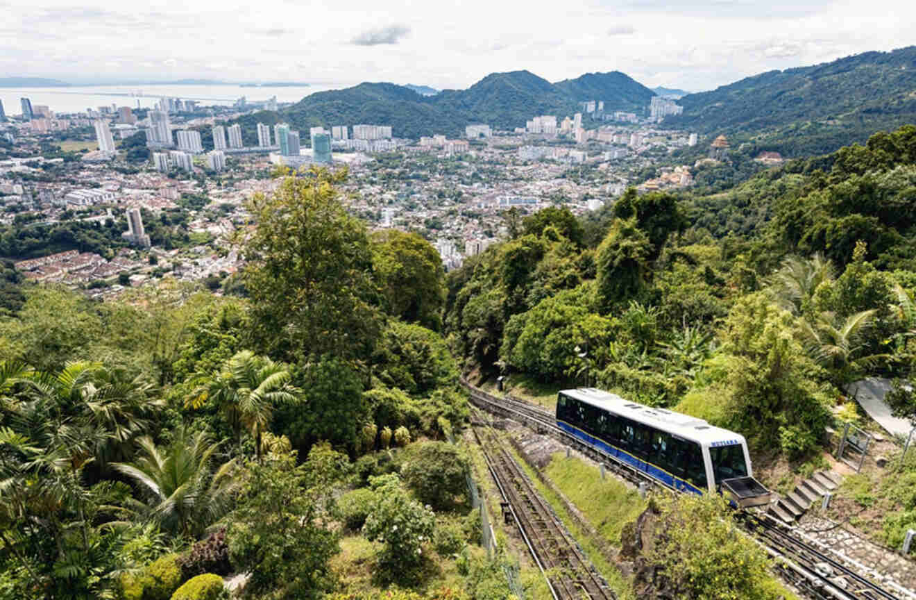 Panoramic view of Penang and the funicular from the top of Penang Hill