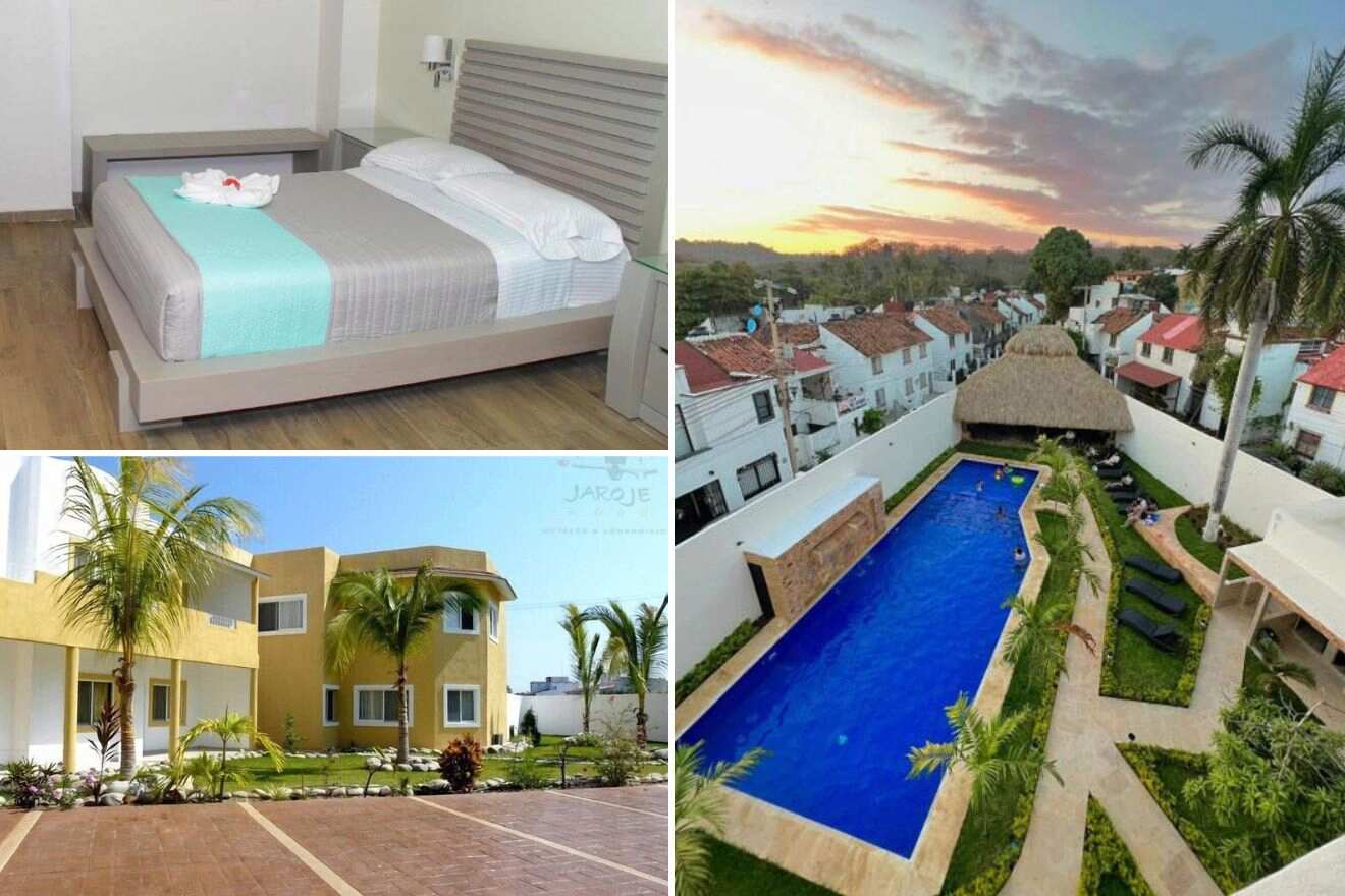 a collage of three photos: bedroom, view of the exterior of the hotel, and aerial view of outdoor pool