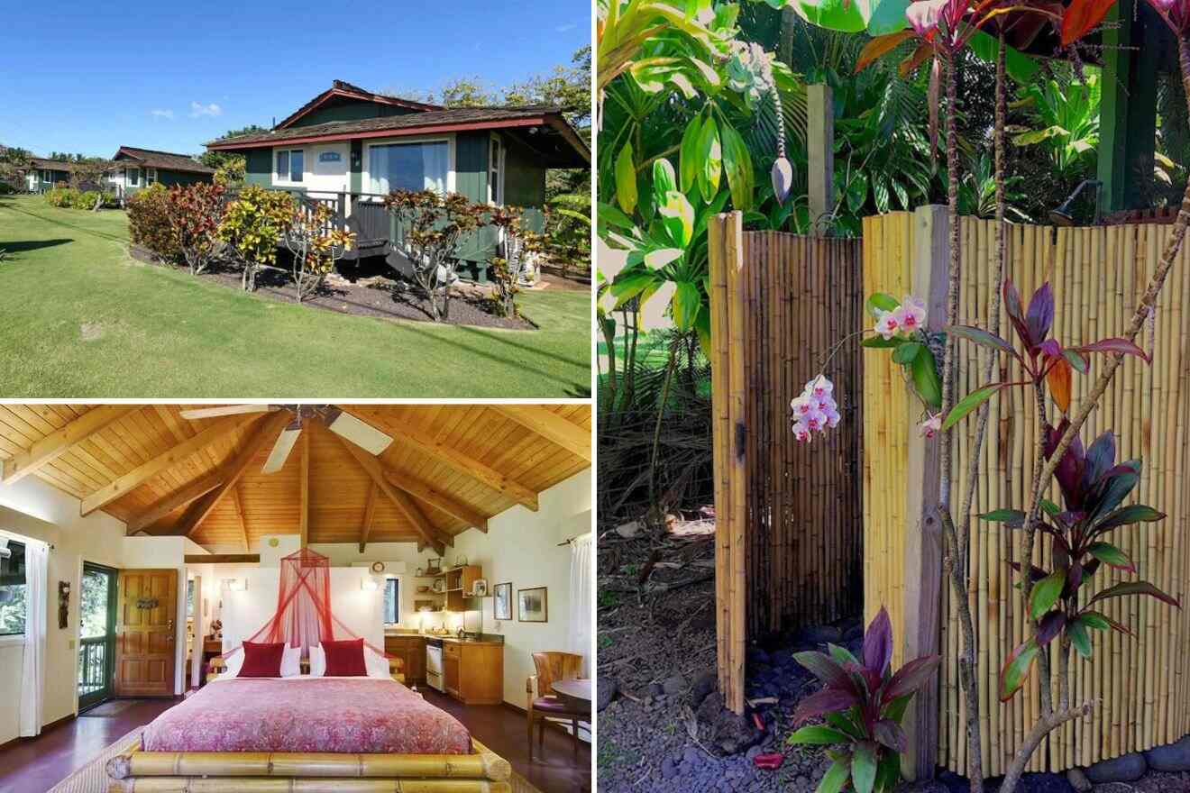 A collage of three photos: view of bungalow exterior, bedroom, and outdoor shower