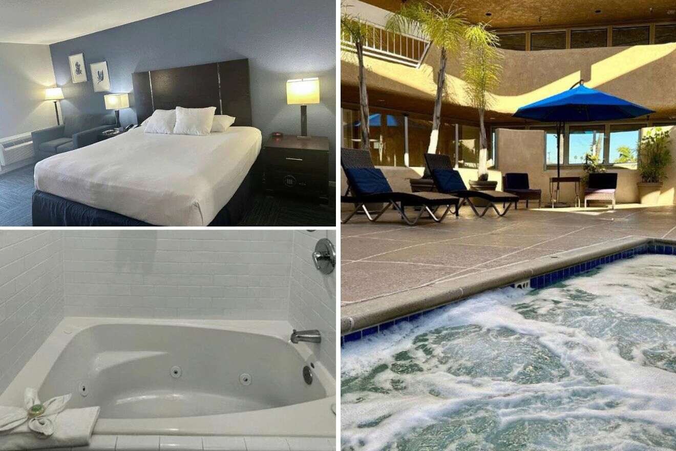 collage of 3 images with a swimming pool, bedroom and jacuzzi