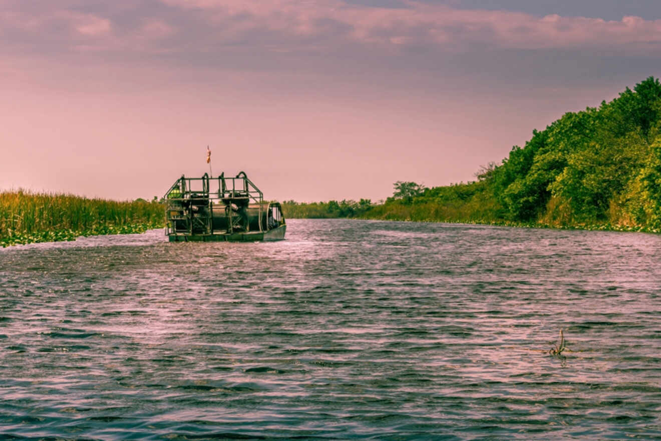 an airboat on the Everglades at dusk