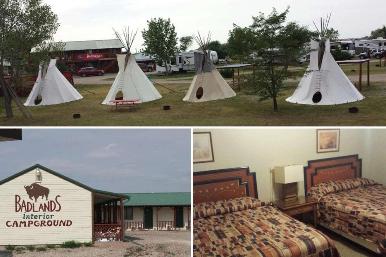 photo collage with outdoor tents, ranch exterior and bedroom