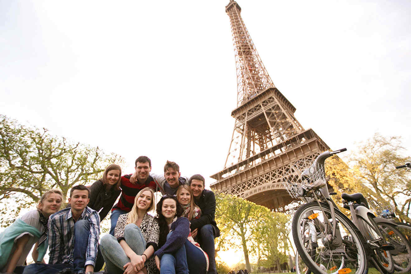 friends at the Eiffel Tower and their bikes