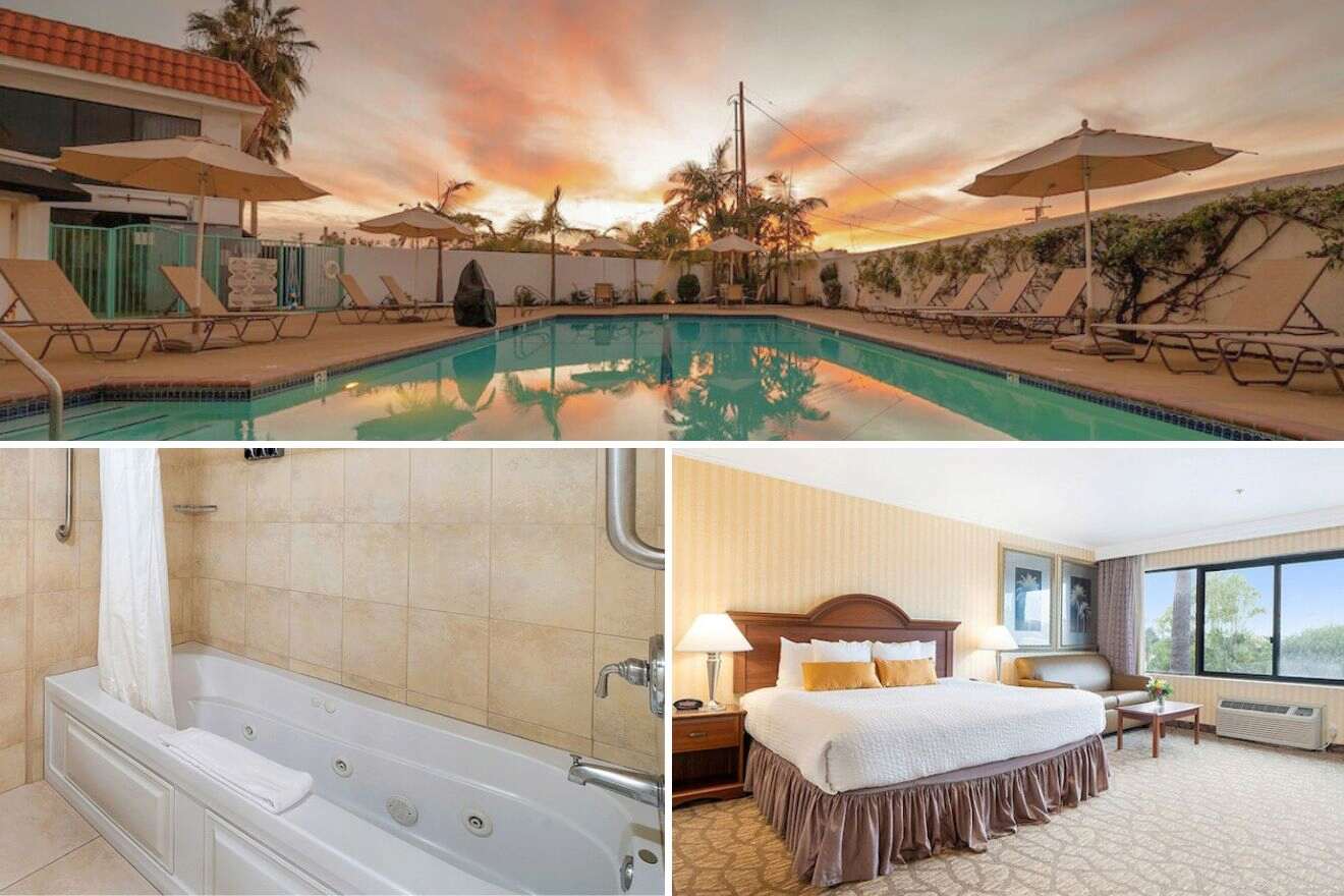 collage of 3 images with a swimming pool, bedroom and bath tub
