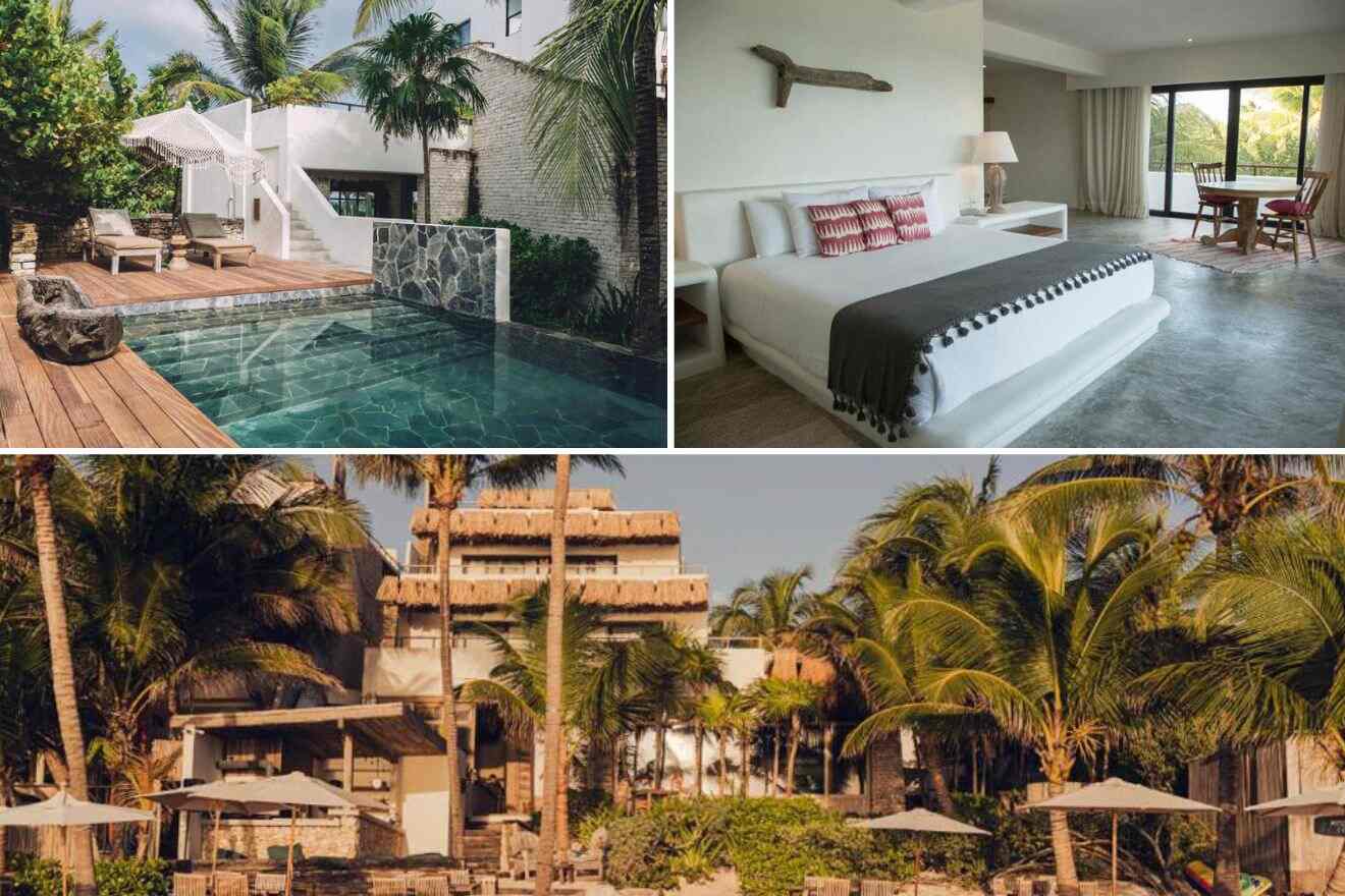 a collage of three photos: view of the private outdoor pool, bedroom, and view of the exterior of the hotel