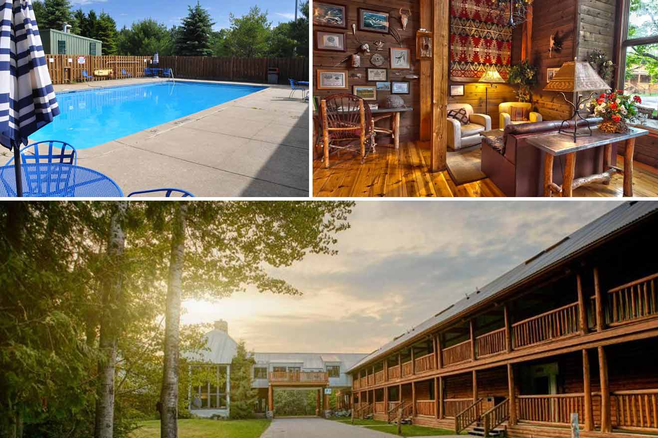 a collage with three photos: outdoor swimming pool, nook in living room, and view of the exterior of the hotel