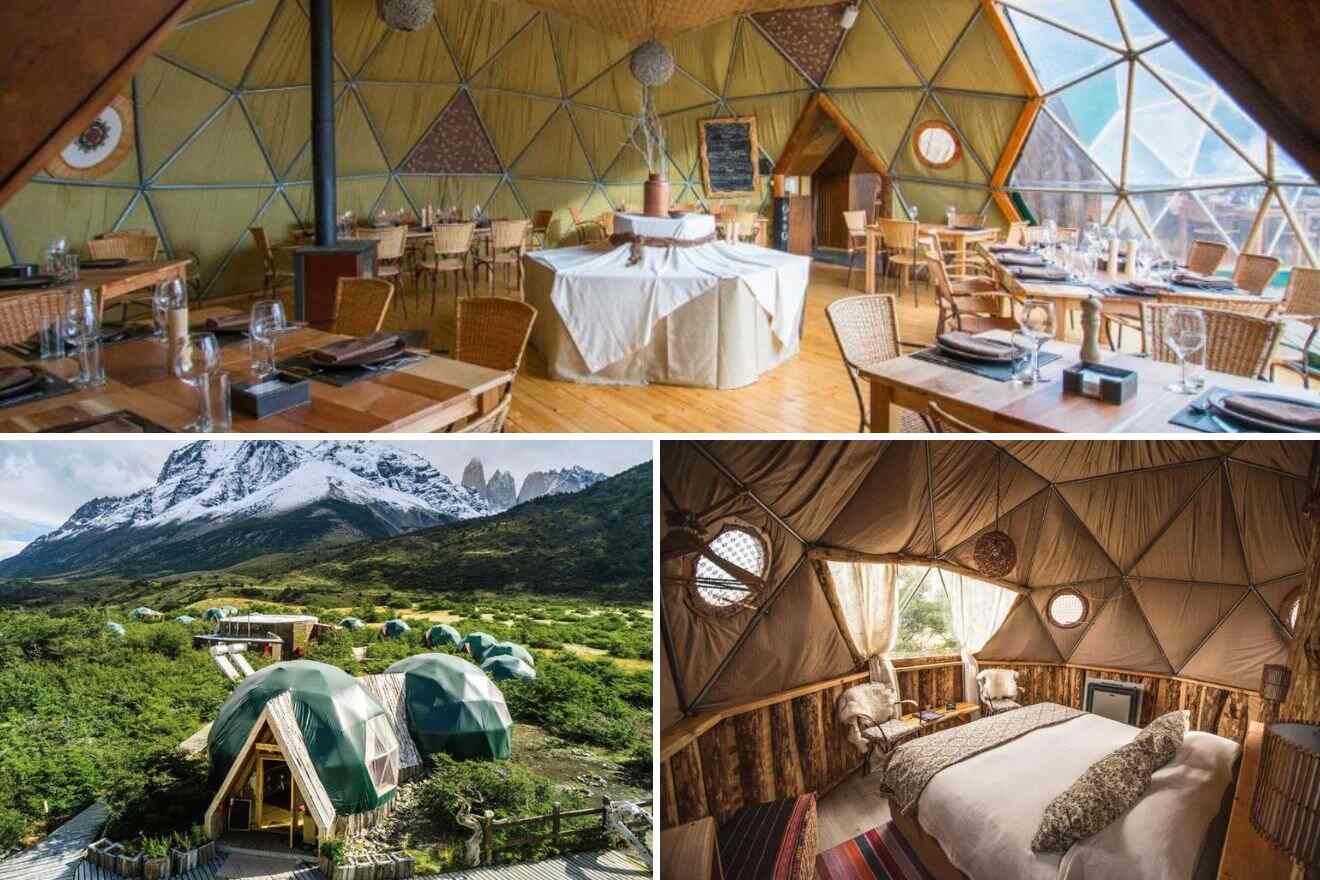 images from an eco camp with bedroom, restaurant and outdoors