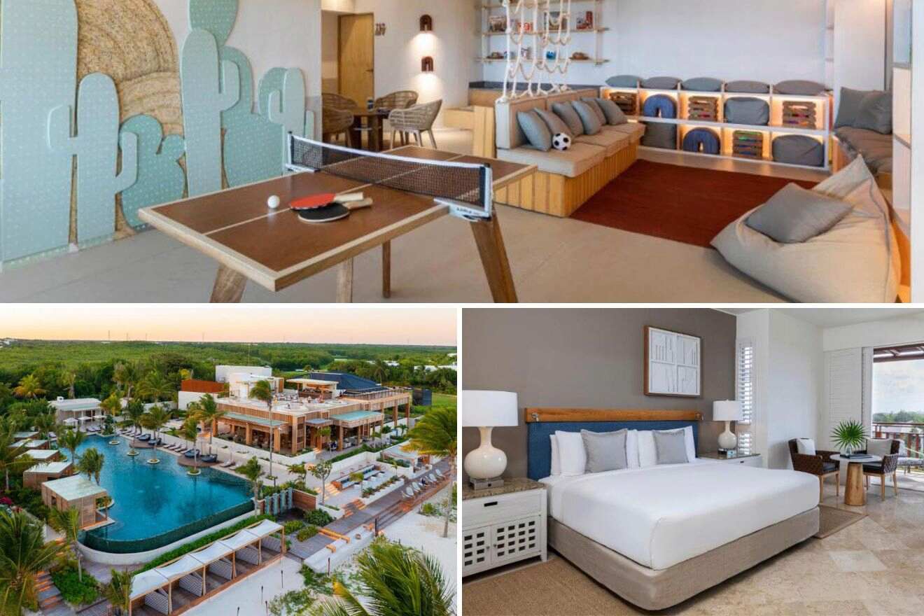 Collage of three hotel pictures: kids area, aerial view of the hotel, and bedroom
