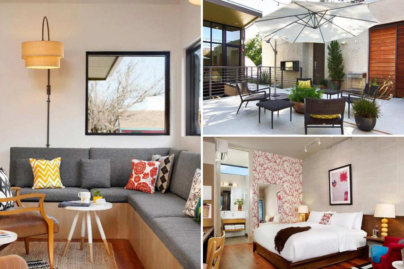 photo collage with outdoor terrace, lounge and bedroom