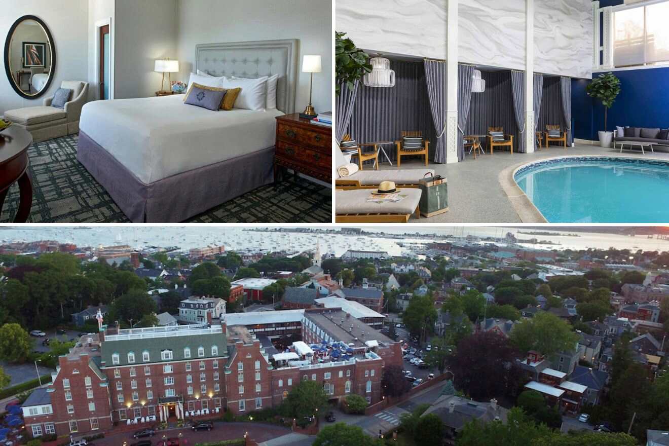 a collage of three photos: bedroom, indoor pool, and aerial view of the hotel and the surroundings
