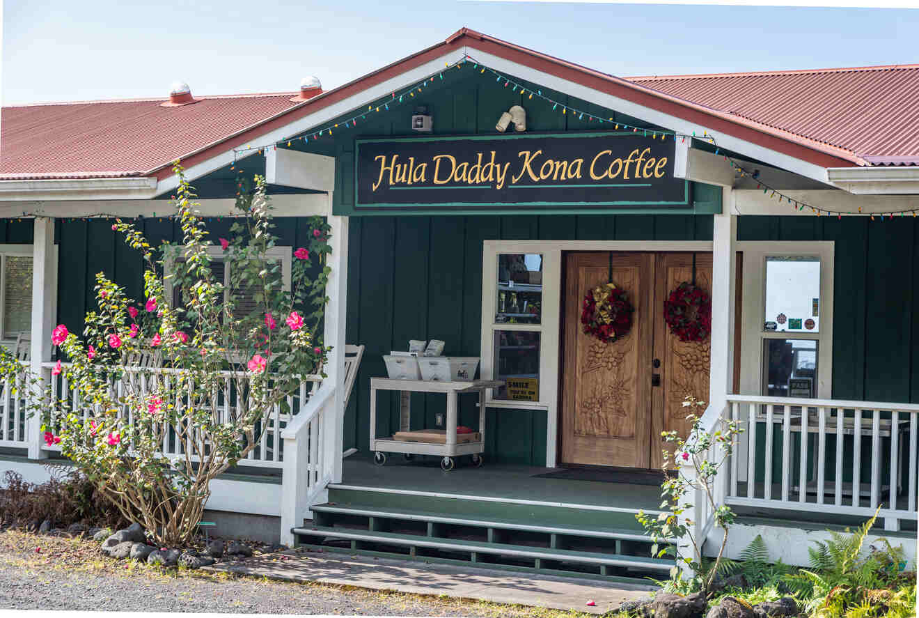 View of the entrance of Hula Daddy Kona Coffee farm house
