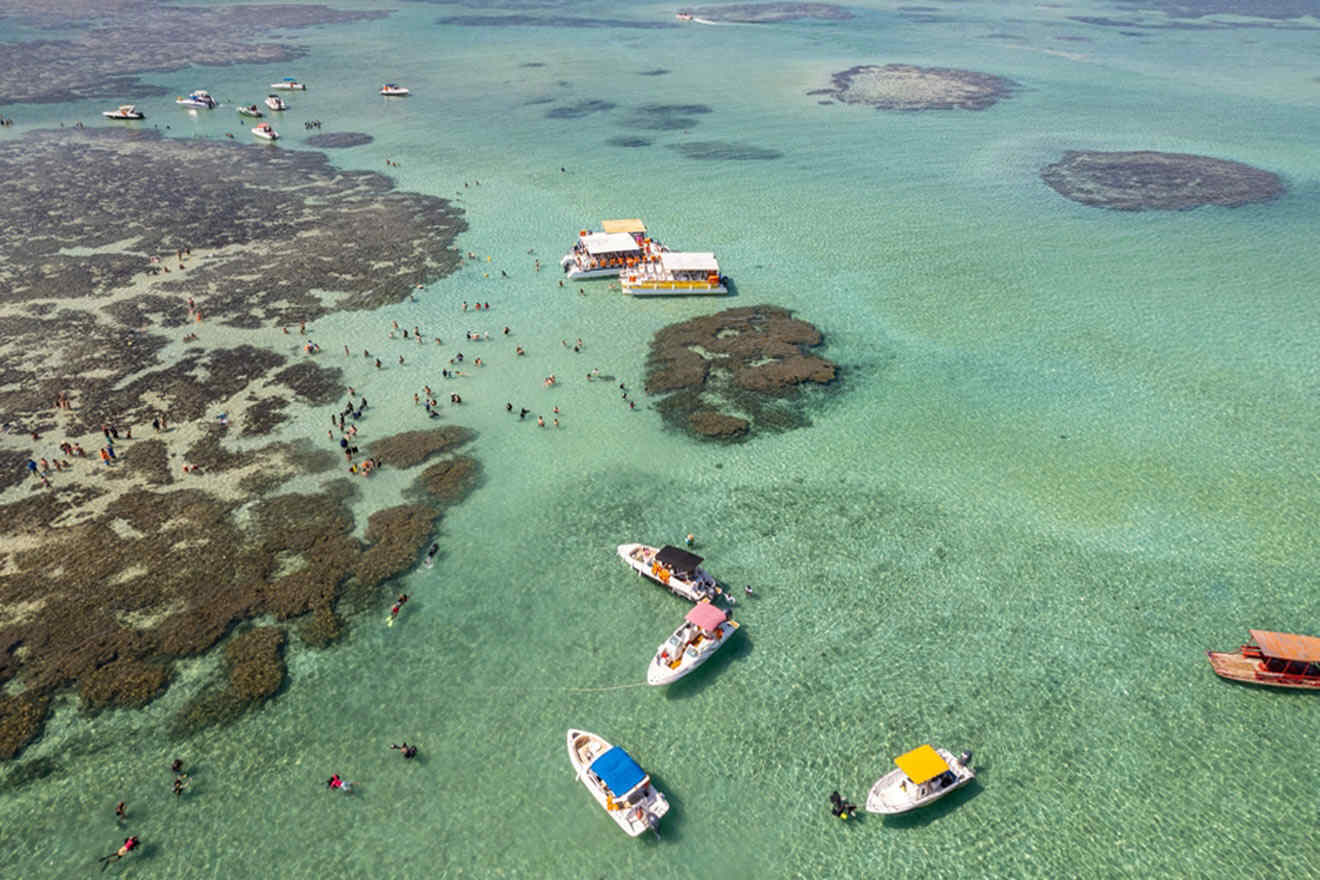 aerial view over Maragogi  - boats, coral reef