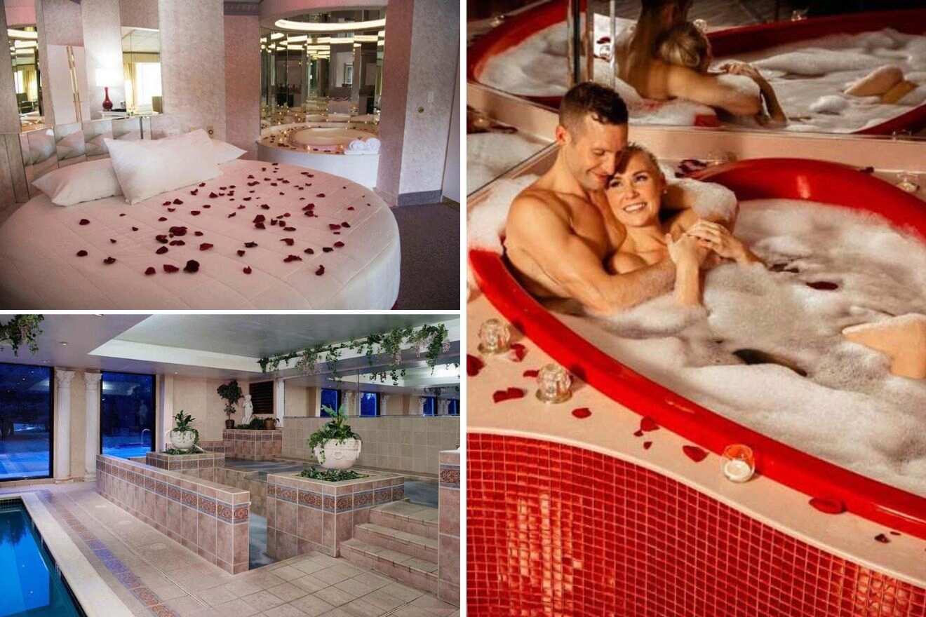 collage of 3 images with a bedroom, bathtub and swimming pool