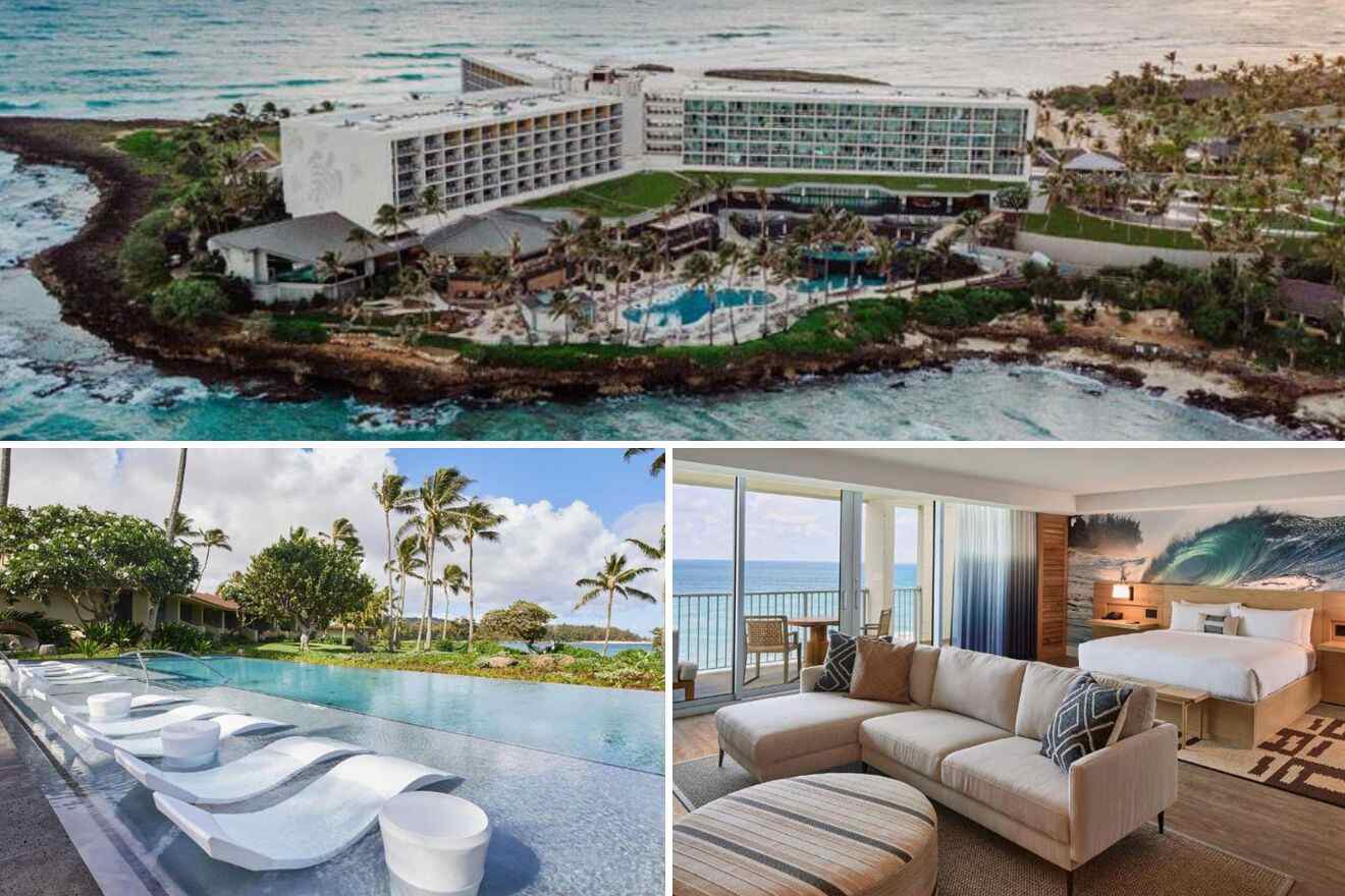 a collage of 3 photos: aerial view of the a hotel, pool with lounge chairs, and bedroom