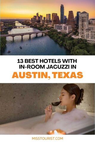 Austin aerial view and woman in a bathtub having a glass of wine