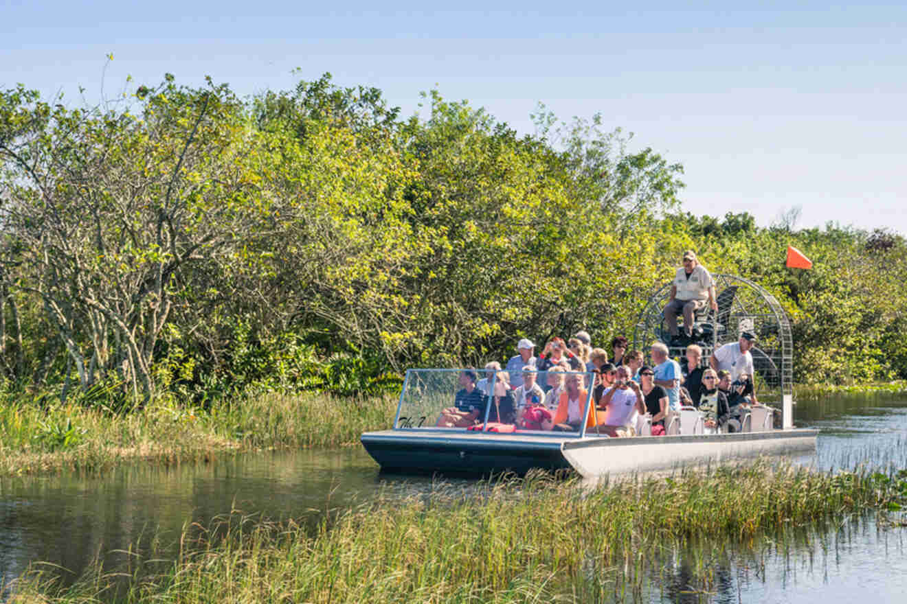 A group of tourists on an airboat tour riding through the wetlands, surrounded by greenery under a clear sky.