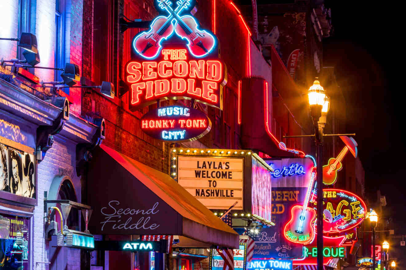 View of bars' neon lights in Nashville