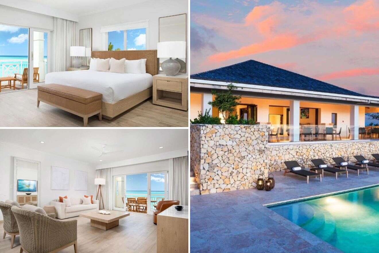 photo collage with view over the resort and the swimming pool at sunset, lounge and bedroom