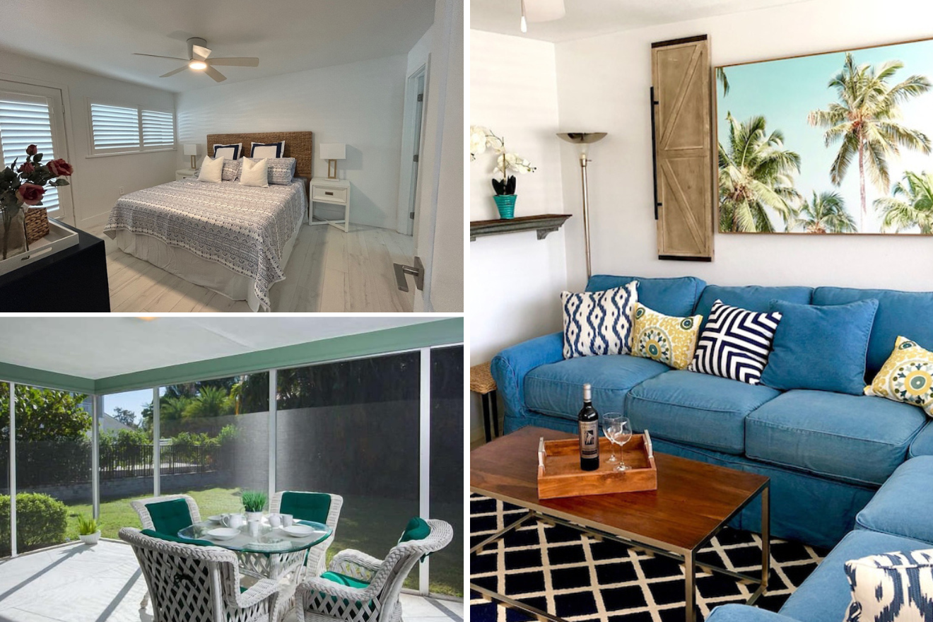 collage of 3 images with terrace, bedroom, and lounge