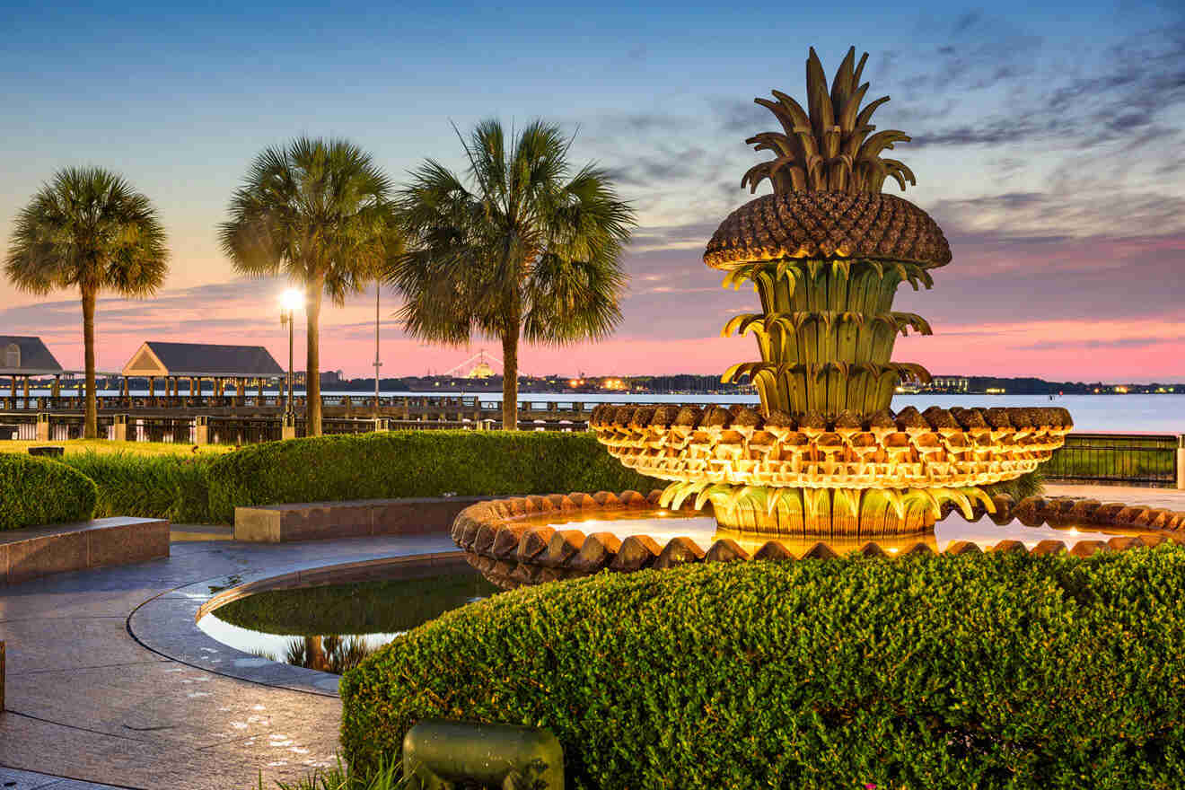 fountain in Charleston at sunset