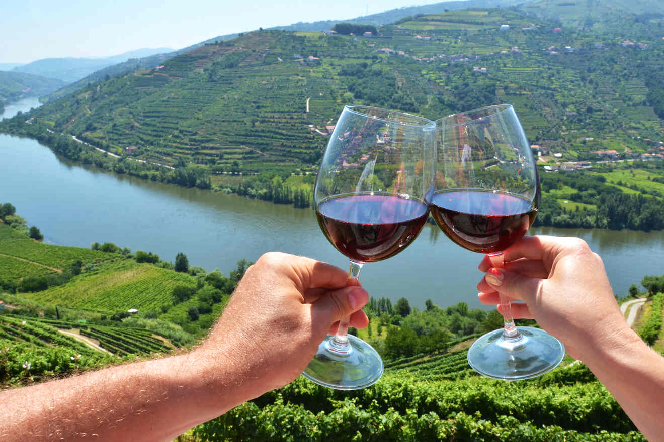 people holding wine glasses with a beautiful view