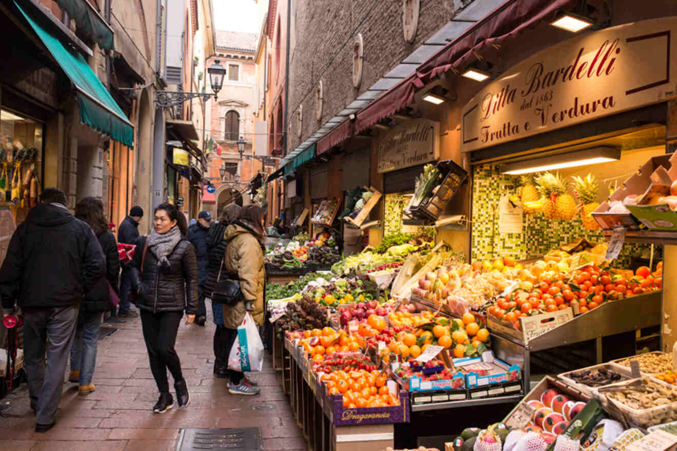 Street in Bologna with a fruit stall