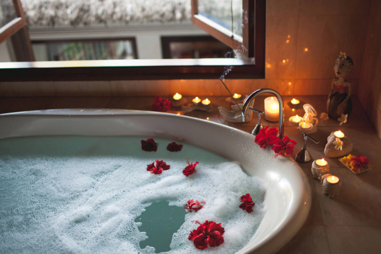 foamy bathtub with flowers inside