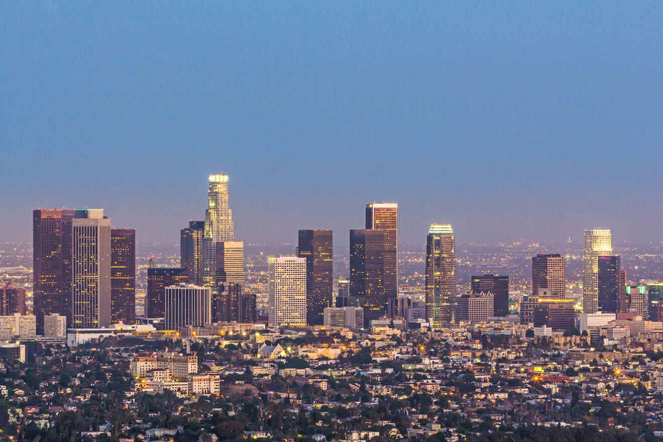 view over LA skyline at sunset