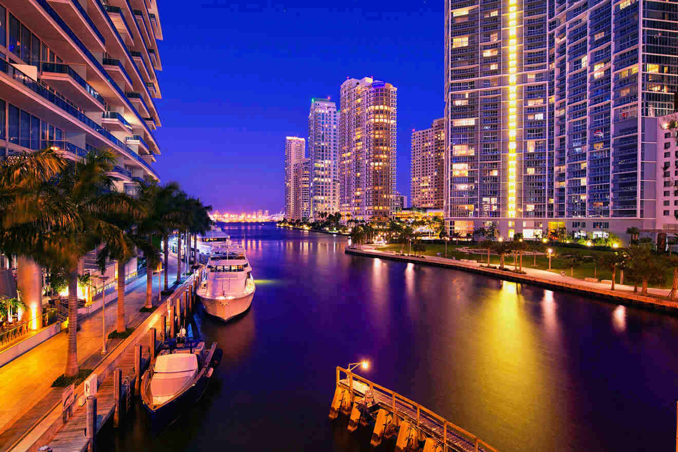 Miami at night - boats and skyscrapers 