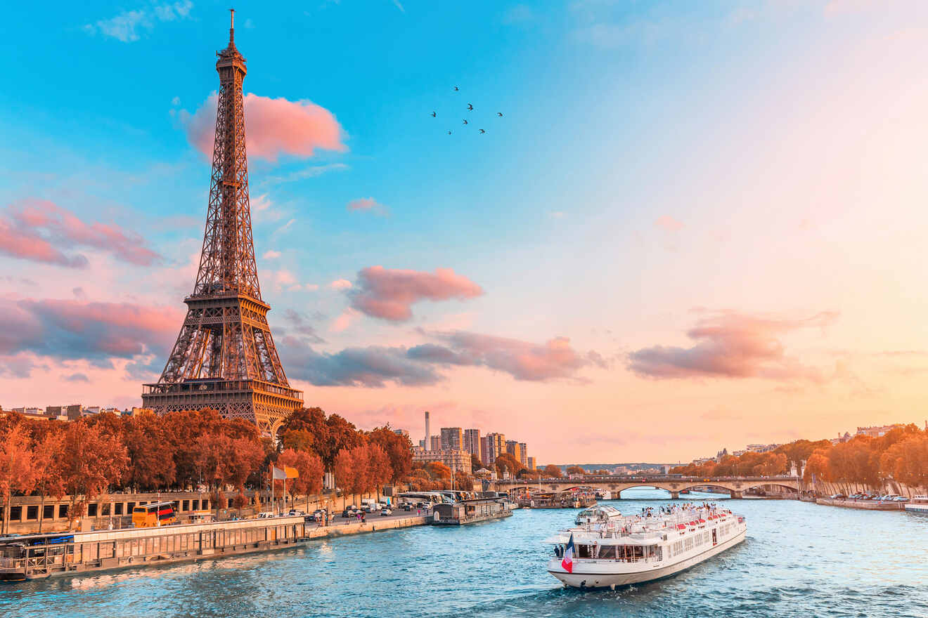 view of Seine with cruise boats and Eifel Tower 