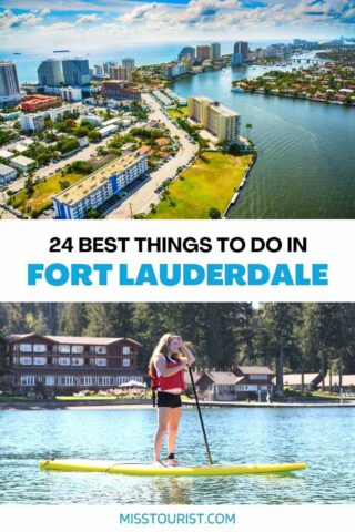 aerial view over Fort Lauderdale and a woman paddleboarding 