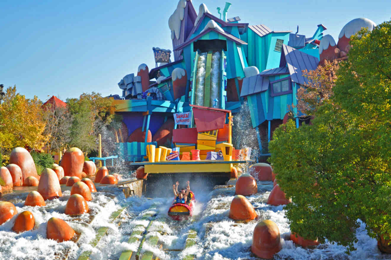 People riding on Dudley Do-Rights Ripsaw Falls