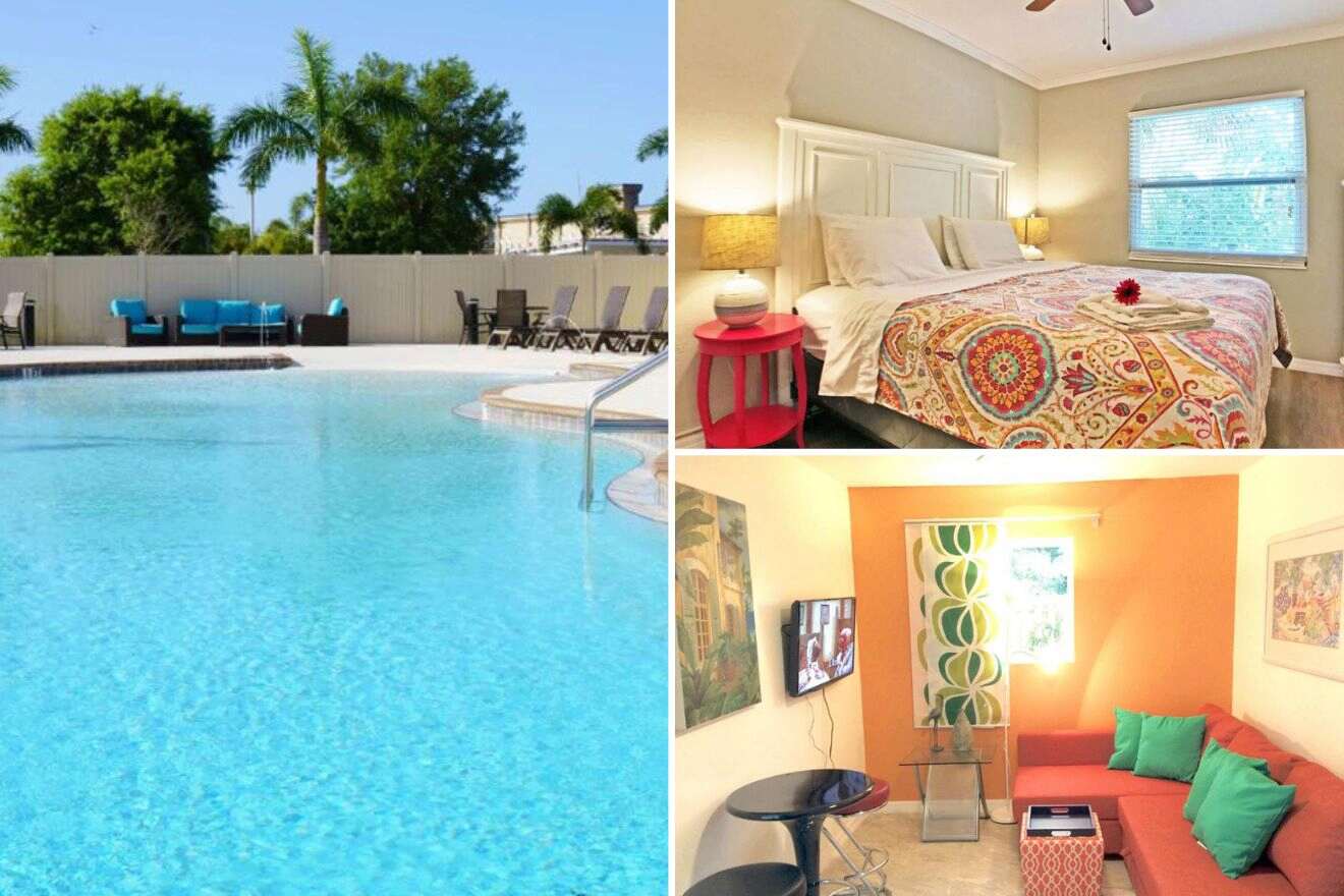 collage of 3 images of a swimming pool, bedroom and lounge area