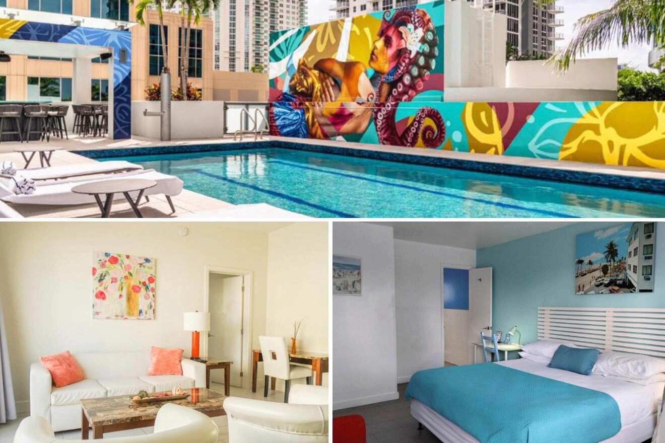 photo collage with swimming pool, bedroom and lounge