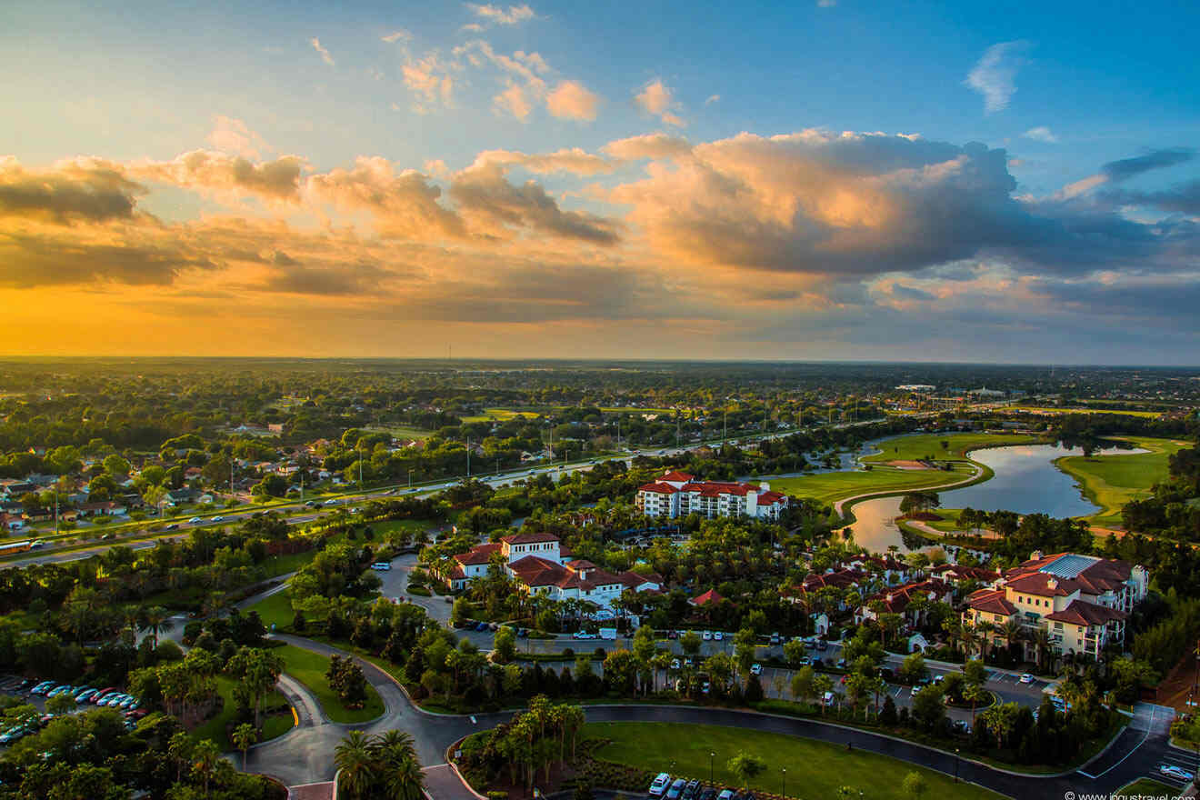 aerial view over Orlando at sunset