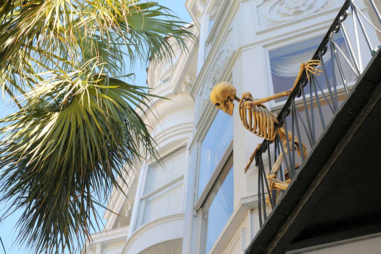 skeleton on a balcony in Charleston