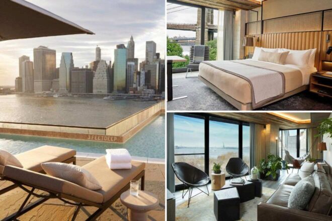 collage with rooftop swimming pool and view, bedroom and lounge