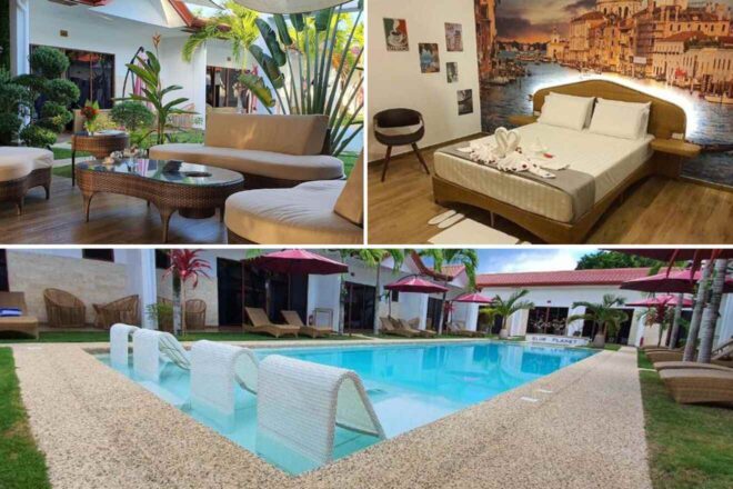 collage with bedroom, swimming pool and lounge
