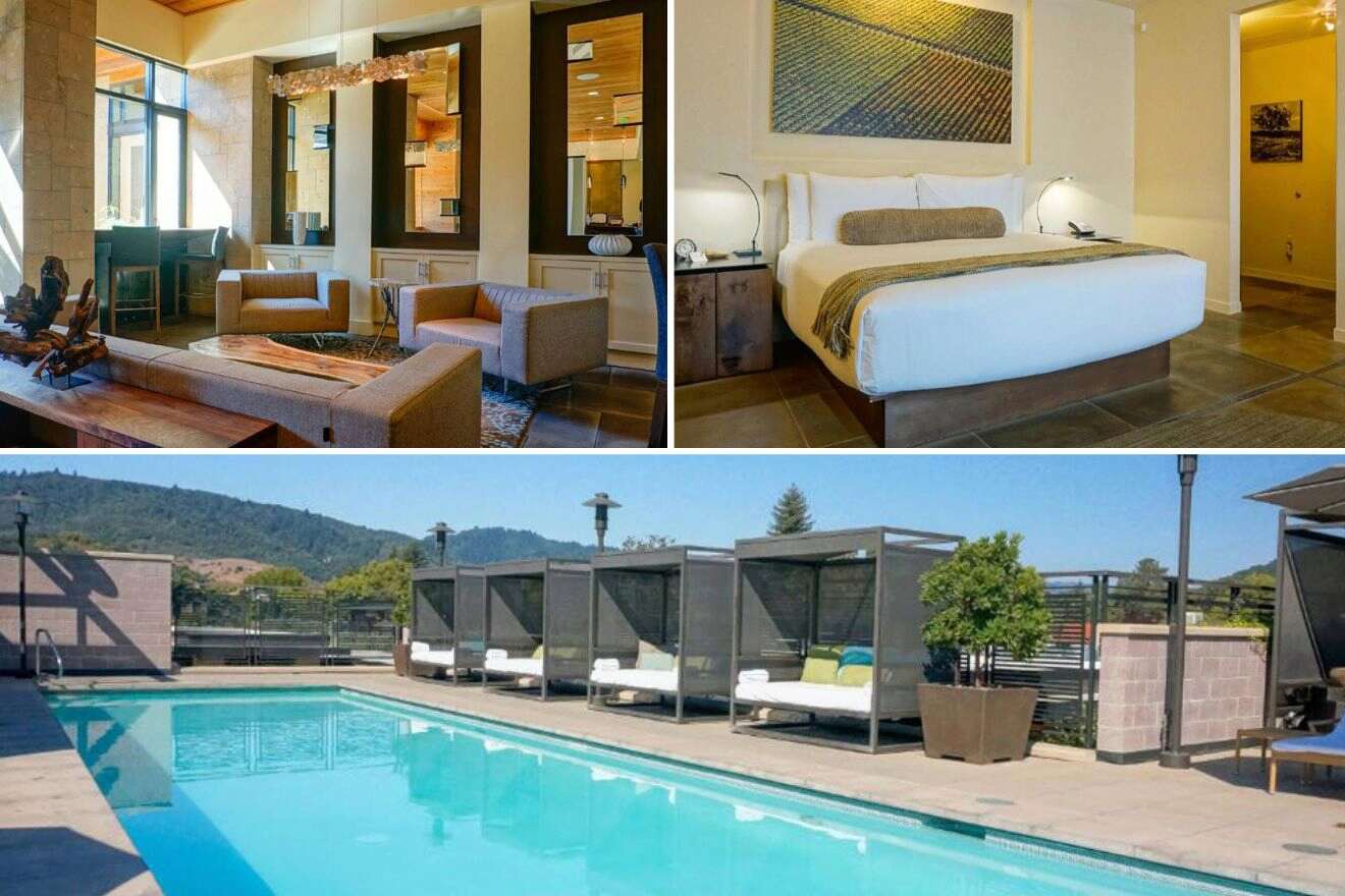 Collage of three hotel pictures: lounge area, bedroom, and outdoor pool
