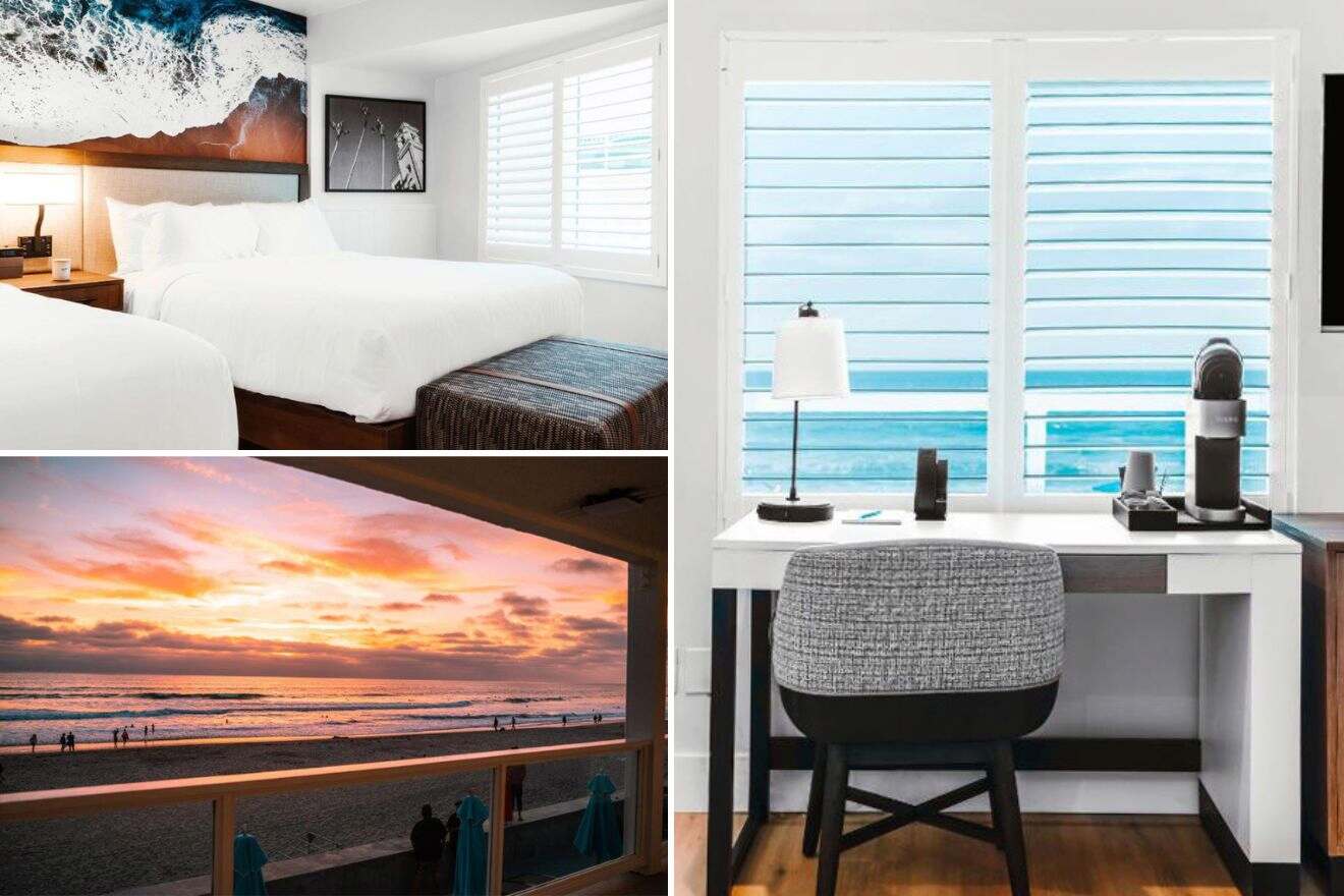 collage with beach view at sunset from the terrace, bedroom and a desk