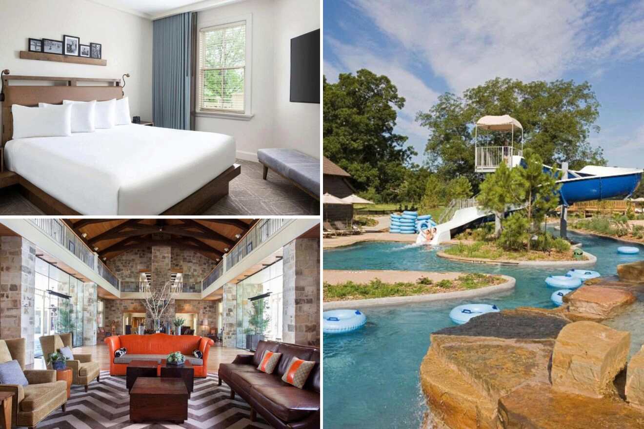 collage with lazy river, bedroom and lounge