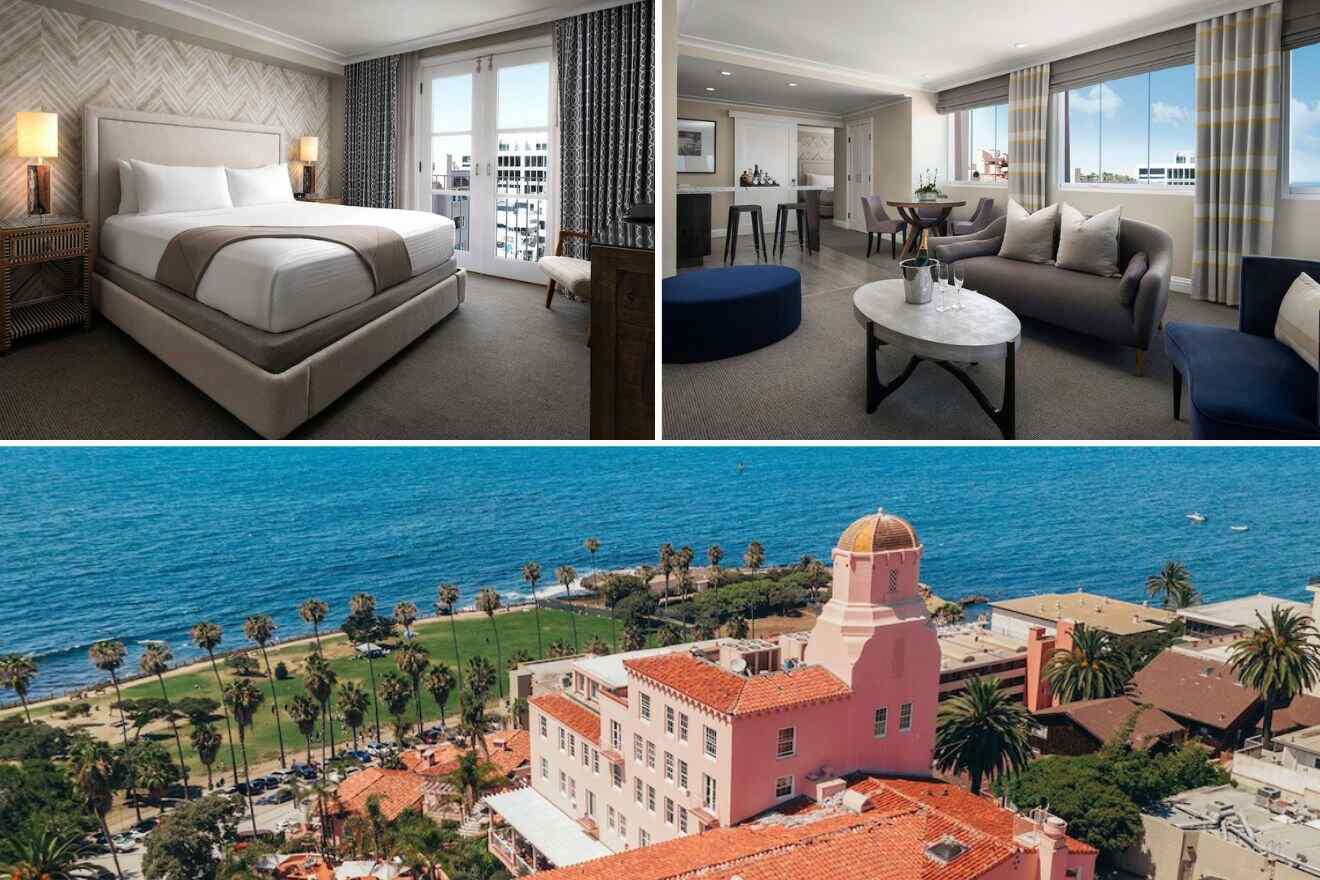 Collage of three hotel pictures: bedroom, living room, and aerial view of hotel