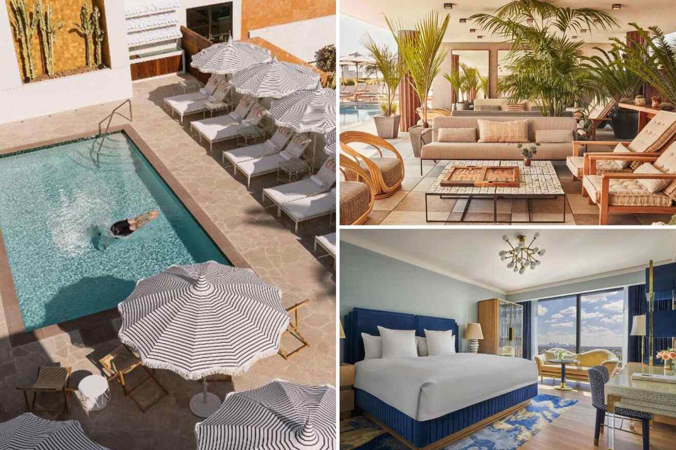 collage with swimming pool, bedroom, and outdoor lounge