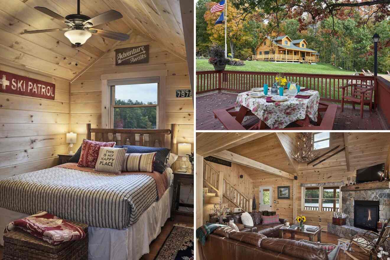 A collage of three cabin photos: bedroom, outdoor deck, and living room