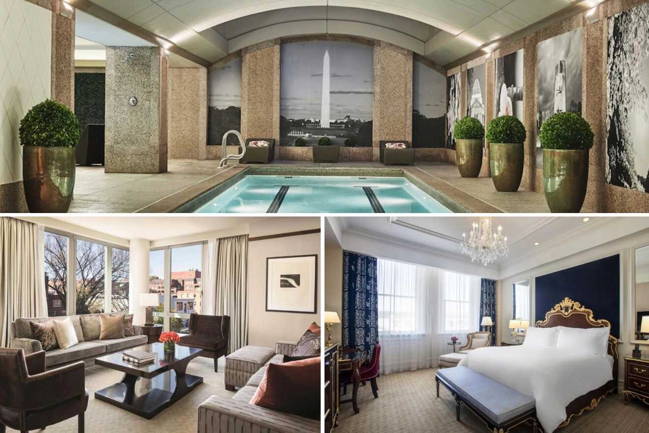 collage with bedroom, swimming pool and lounge area