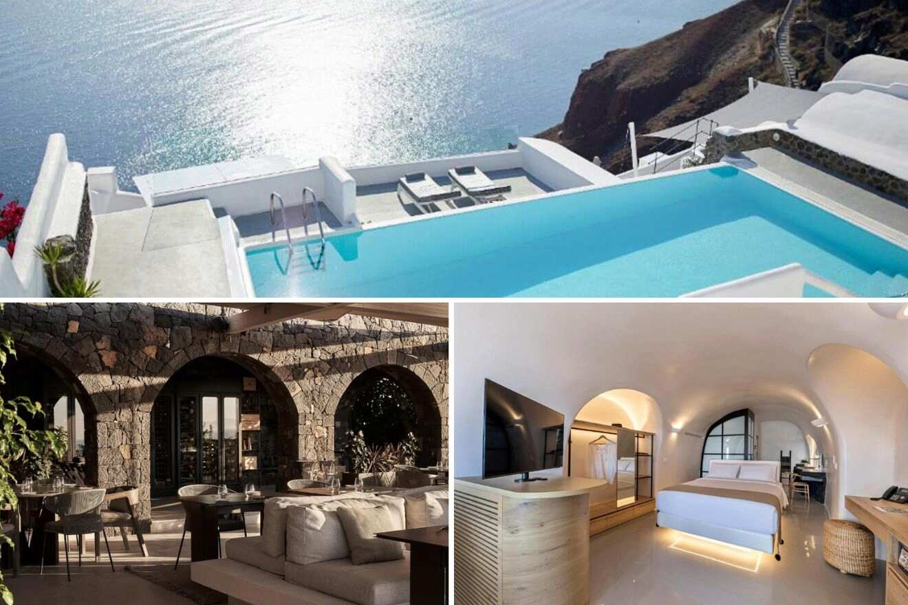 collage with bedroom, hotel view with swimming pool and dining space