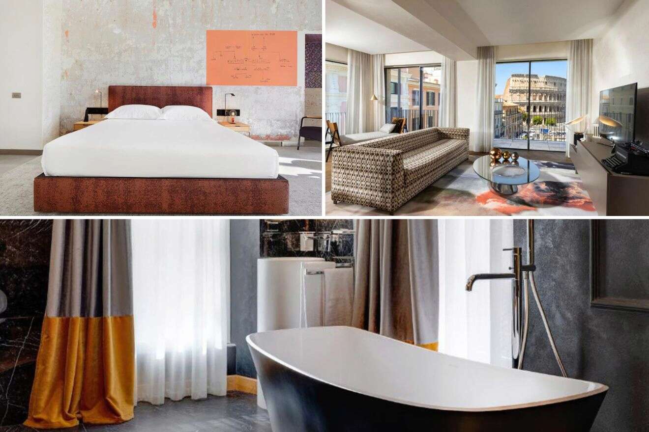 Collage of three hotel photos: bedroom, living room with view, and bathroom with bathtub